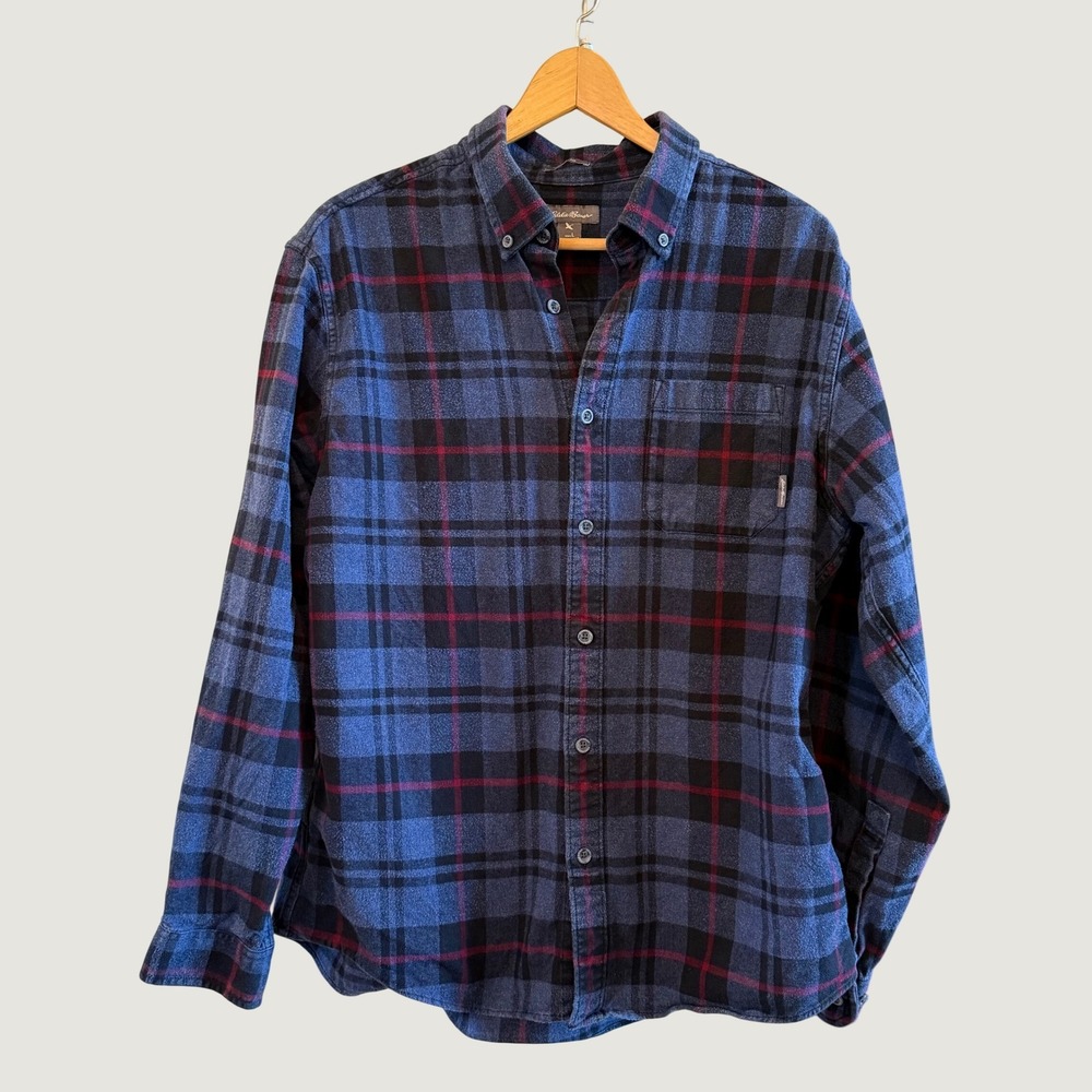 Eddie Bauer Men's Classic Fit Blue Plaid Flannel LS Button Down Shirt Size L